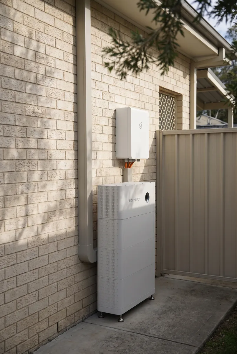 A home battery fitted beside a brick wall under an existing inverter