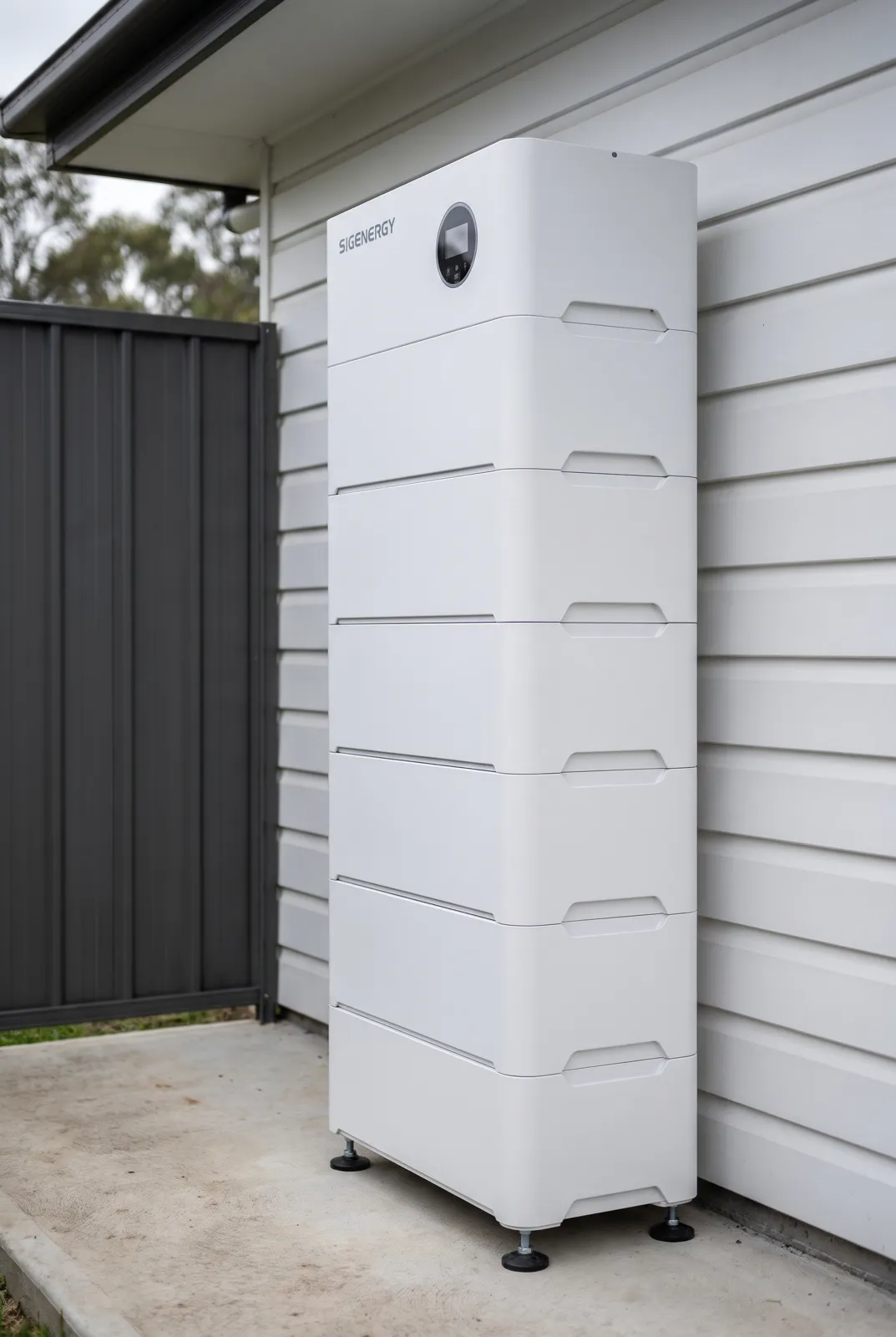 A tall Sigenergy battery stack beside a weatherboard wall