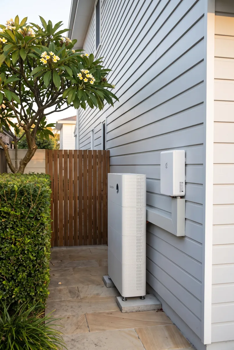 A Sigenergy battery and inverter on the side of a weatherboard home
